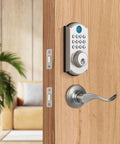 Super Tough Smart Fingerprint Door Lock With Dual Lever Handles Bringing Instant Biometric Scan Entry And Three Backup Keys on wooden door with handle.