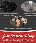 Image promoting the 2 Pack Heavy Duty Mini Hand Stretch Wrap 5 Inch 1000 Ft Roll 80 Gauge Thick Clear Plastic Film for various protections.