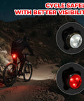USB Rechargeable Bike Light Set with front and rear LED lights for mountain biking, cyclist on trail at night