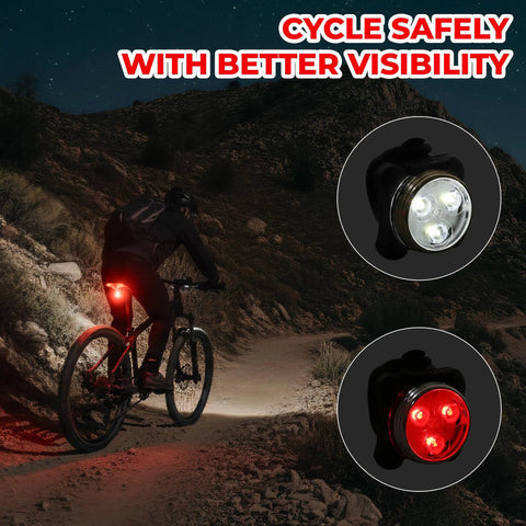 USB Rechargeable Bike Light Set with front and rear LED lights for mountain biking, cyclist on trail at night