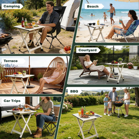 People using Ultra Lightweight Aluminum Folding Camping Table For Travel And Outdoor Adventures, 18.5x18.5x24.5 Inches, Supports Up To 62 Lbs at beach, camping, terrace, and BBQ.