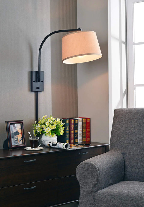 Oil Rubbed Bronze Sweep Wall Lamp With Adjustable Swing Arm And Swivel Shade, Sleek Modern Minimalist Vibe in reading nook setting