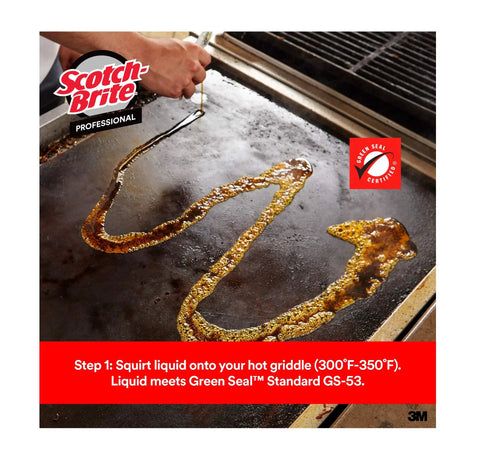 Scotch-Brit Quick Clean Griddle Cleaning System Starter Kit with liquid cleaner applied to hot griddle surface