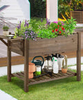 Raised Garden Bed With Eight Grid Grow Space, Elevated Wood Planter Box Stand With Foldable Side Table And Storage Shelf For Herbs Vegetables And Flowers