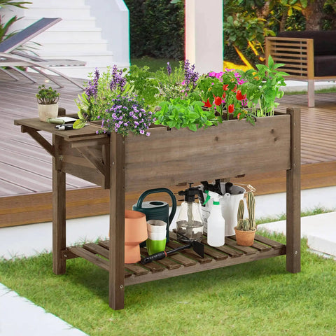 Raised Garden Bed With Eight Grid Grow Space, Elevated Wood Planter Box Stand With Foldable Side Table And Storage Shelf For Herbs Vegetables And Flowers
