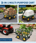 Heavy Duty 4 In 1 Steel Garden Cart Workhorse with 1500 lb capacity, side panels on and off, attached to red tractor, yellow hubs.