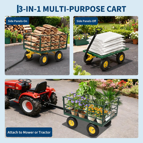 Heavy Duty 4 In 1 Steel Garden Cart Workhorse with 1500 lb capacity, side panels on and off, attached to red tractor, yellow hubs.