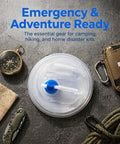 Top view of leakproof spigot collapsible water container with handle for camping and emergencies, surrounded by outdoor gear.