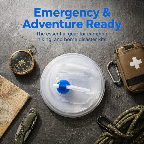 Top view of leakproof spigot collapsible water container with handle for camping and emergencies, surrounded by outdoor gear.
