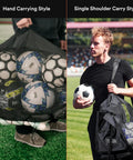 Heavy Duty Large Soccer Mesh Equipment Bag With Adjustable Shoulder Strap For Coaches, shows hand and shoulder carrying styles