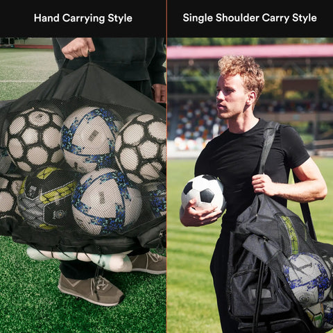 Heavy Duty Large Soccer Mesh Equipment Bag With Adjustable Shoulder Strap For Coaches, shows hand and shoulder carrying styles