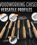 Pro Level Wood Carving Chisel Set Seven Piece Gouges With Cr-V 60 Steel featuring various chisels suitable for detailed wood carving.