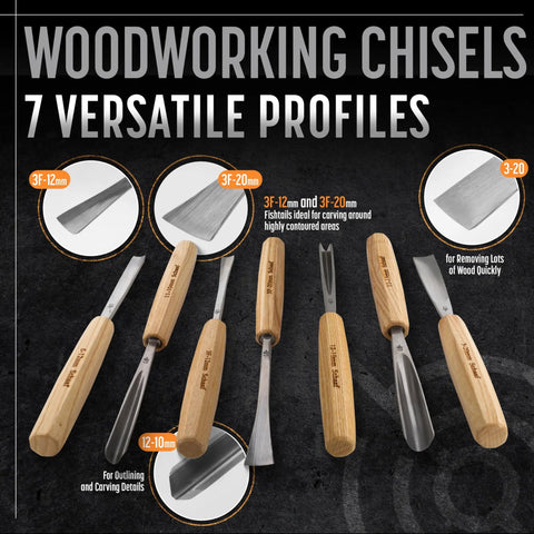 Pro Level Wood Carving Chisel Set Seven Piece Gouges With Cr-V 60 Steel featuring various chisels suitable for detailed wood carving.