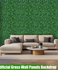 Living room with 48 By 120 Inch Grass Wall Panels Set Realistic Artificial Grass Backdrop With Flower Vines behind sofa