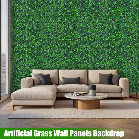 Living room with 48 By 120 Inch Grass Wall Panels Set Realistic Artificial Grass Backdrop With Flower Vines behind sofa