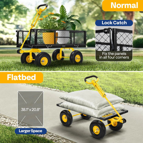 Heavy Duty Steel Garden Cart With 900 Lb Capacity 38x20 Rust Proof Bed 10 Inch Wheels And ATV Or Tractor Attachment Ideal For Yard Chores