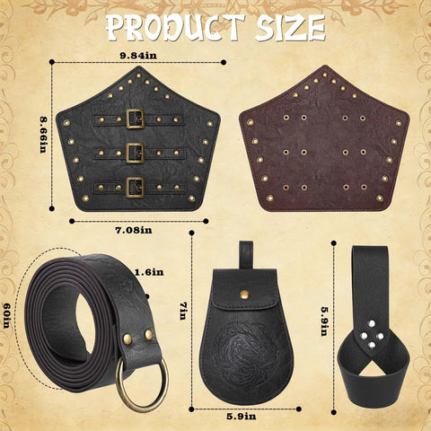 Renaissance Knight Costume Kit With Leather Belt Pouch Arm Bracers And Sword Frog For Halloween Dress Up Black Dope 5 Piece Gear Set