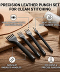 4mm Leather Lacing Stitching Chisels Kit 4 Pcs DIY Leather Hole Punch Tools Set with 1 2 4 6 Tooth Prong Chisels on wood surface