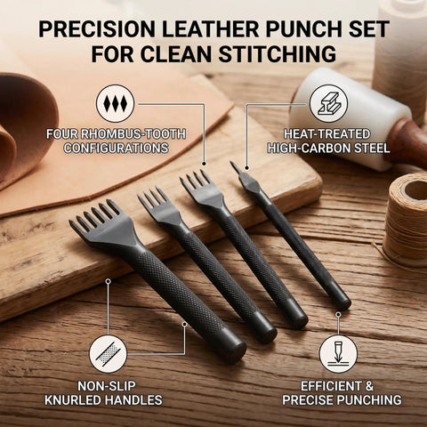 4mm Leather Lacing Stitching Chisels Kit 4 Pcs DIY Leather Hole Punch Tools Set with 1 2 4 6 Tooth Prong Chisels on wood surface