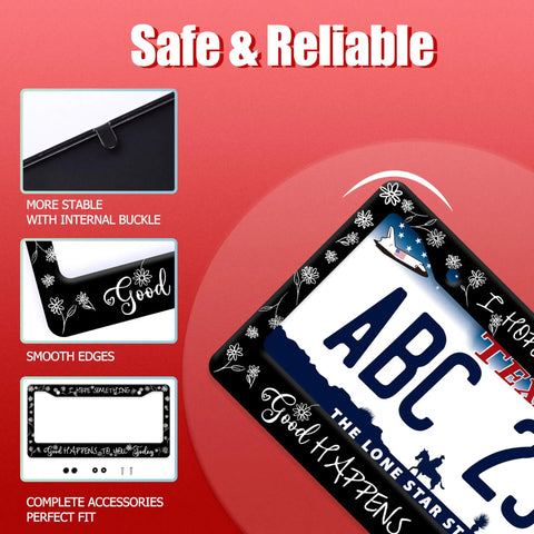 Close-up of Funny License Plate Frame I Hope Something Good Happens To You Today Stainless Steel design with secure fit details