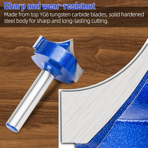 Carbide Roundover Router Bit Set for Woodwork, Four Piece Collection With 1/4 Inch Shank, close-up view showing blade detail.