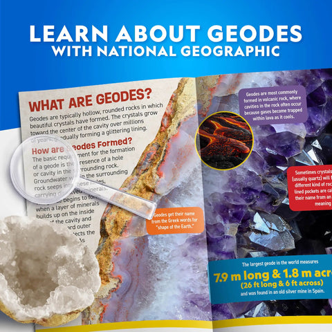 Crack Open 15 Premium Geodes Science Kit With Goggles, book page showing geode formation and crystal interior close-up.