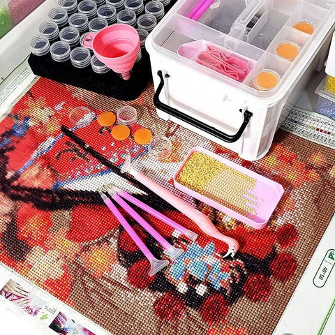 All In One Diamond Painting Tools And Accessories Storage Kit 111Pcs 5D Set with pink tray, pens, and box on canvas