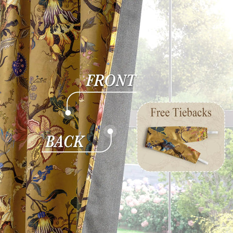 Floral Velvet Curtains 96 Inches Long With Bright Yellow Vintage French Country Print Cozy Light Blocking Privacy Drapes For Living Room Bedroom Sliding Door Bathroom 52W X 96L 2 Panels shown close-up with free tiebacks.