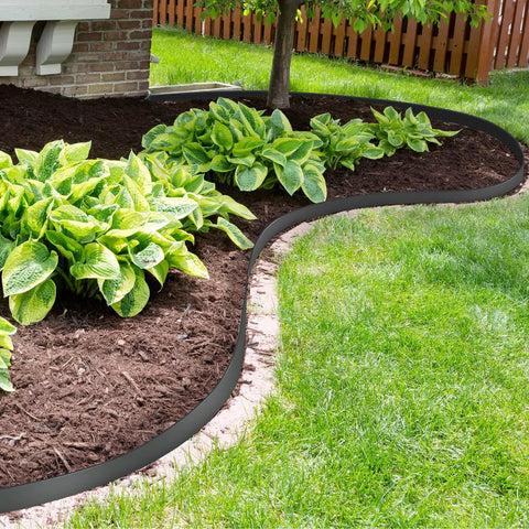 Curved installation of 40 Ft No Dig Landscape Edging Kit With 60 Spikes 2 Inch High Heavy Duty Plastic Lawn Border for flower beds