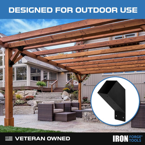 Installed 4x4 Pergola Brackets Kit Eight Pack Beefy Powder Coated Steel Corner Braces for DIY Pergola Build Gazebo Roof Kit