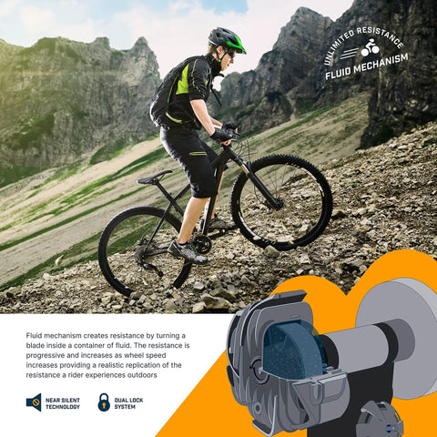 Cyclist on mountain with Portable Foldable Fluid Bike Trainer Stand For Indoor Riding With Stainless Steel Frame Near Silent Flywheel