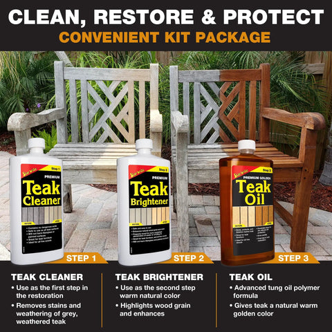 All In One Teak Care Kit For Restoring Decks, Patios, Outdoor Furniture And Boats With Marine Grade Teak Cleaner, Brightener And Premium Golden Teak Oil Finish in front of weathered and restored benches