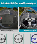 Heavy Duty Golf Cart Steering Wheel With Slick Non Slip Grip Fits Club Car EZGO And Yamaha Models showing before and after upgrade.