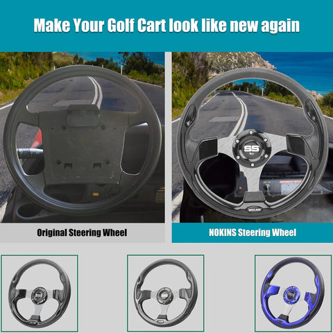 Heavy Duty Golf Cart Steering Wheel With Slick Non Slip Grip Fits Club Car EZGO And Yamaha Models showing before and after upgrade.