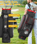 Top Tier Lightweight Golf Cart Bag With Next Level 15 Way Organizer Top And Secure Putter Well, showing lightweight poly and foam padding.