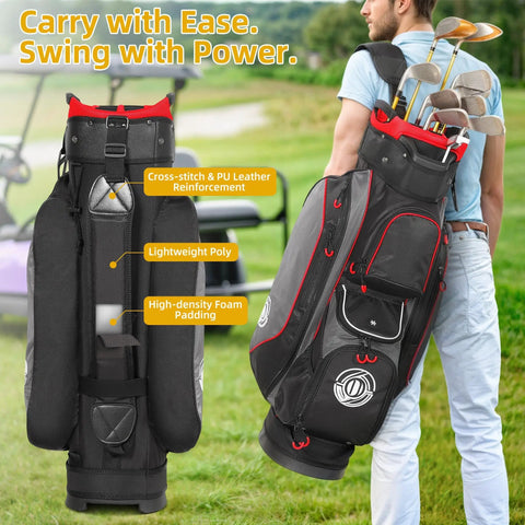 Top Tier Lightweight Golf Cart Bag With Next Level 15 Way Organizer Top And Secure Putter Well, showing lightweight poly and foam padding.