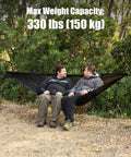 Two men sitting in ultralight pocket hammock for solo adventures, tear-resistant HMPE ripstop high-strength fabric supporting 330 lbs.