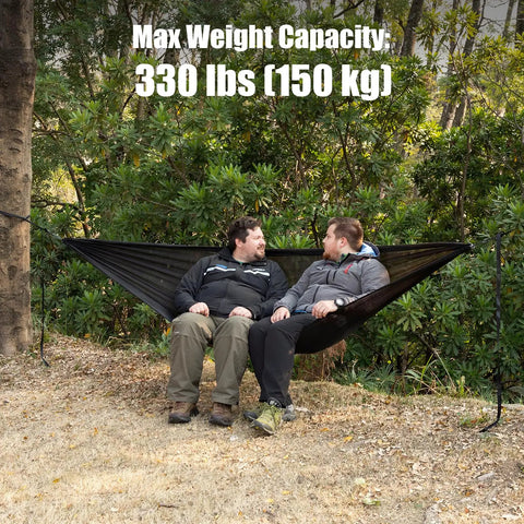 Two men sitting in ultralight pocket hammock for solo adventures, tear-resistant HMPE ripstop high-strength fabric supporting 330 lbs.