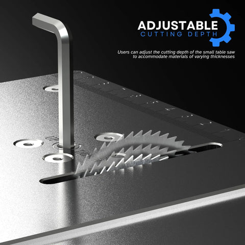 Close-up of 96W Precise Mini Table Saw For DIY Woodworking And Hobby Projects, showing adjustable cut depth mechanism.