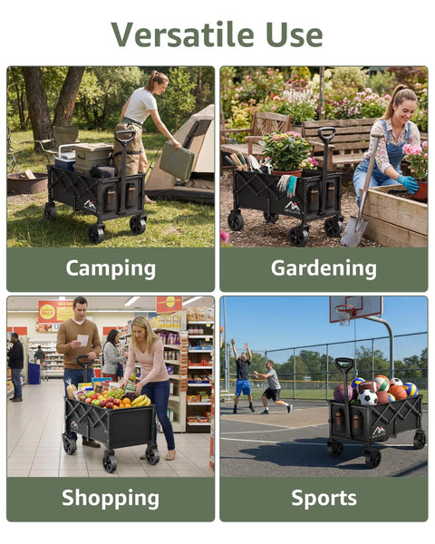 Collapsible Wagon Cart With Wheels Heavy Duty Folding Wagon For Groceries Shopping Outdoor Portable 250 Lb Capacity Trolley Black in use for camping, gardening, shopping, and sports.
