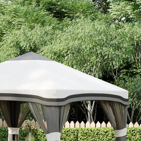 Gray 10x10 Pop Up Canopy Tent With Netting For Outdoor Parties, featuring easy setup and height adjustable legs, in a garden setting.