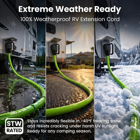 30 Amp RV Power Cord 100 Ft Heavy Duty Waterproof TT-30P To TT-30R Extension Cable For Campers And Travel Trailers Reaches Any Pedestal At Campgrounds No Adapters Needed, green cord on RV in rain, sun, and snow