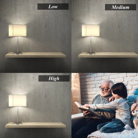 3-Way A19 LED Light Bulb With 50-75-100W Equivalents in low, medium, high settings, warm white 3000K, table and reading scene