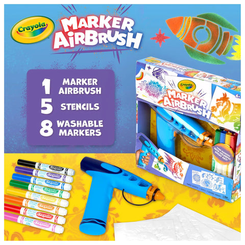 Rad Battery Powered Airbrush Marker Spray Craft Kit Smooth Glide Washable Ink Pens Plus Five Reusable Design Stencils Vibes Indoor Art Activity For Kids And Toddlers with colorful markers and airbrush.
