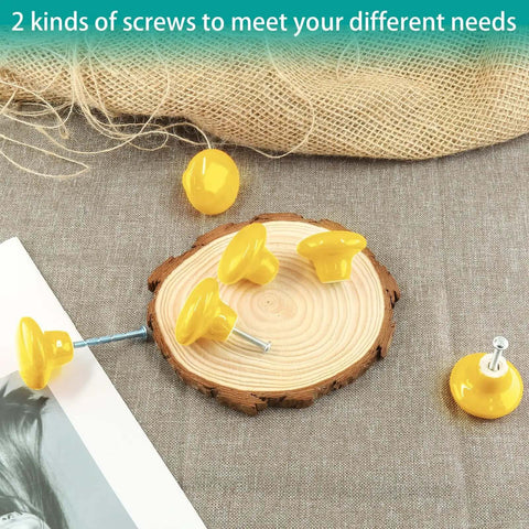 Level Up Your Kitchen With These 10 Piece Yellow Ceramic Cabinet Knobs Round 1 5 Inch Drawer Pulls Including Heavy Duty Screws And Snazzy Durable Porcelain Construction For A Killer Home Upgrade, showcasing yellow knobs and two types of screws.