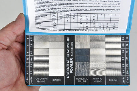 Surface Finish Comparator Set With 30 Specimens For Flat Lapping Reaming Grinding Turning And Milling - Pro Grade Roughness Gauges For Quick Reliable Part Inspection On The Shop Floor. Comparator card held open with nickel specimens and reference chart.