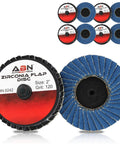 Two Inch 120 Grit Zirconia Aluminum Oxide Sanding Discs Set, 10 Pack, showing front and side view of flap sanding pads