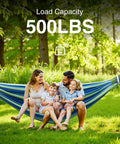 Heavy Duty Double Hammock For Indoor And Outdoor Use, Portable 500 Pound Capacity, Two Person Comfort With Carrying Bag, Wide Blue Hammock For Backyard, Beach Or Park Lounging with family using it in a park.