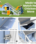 Collage of weatherproof wooden chicken coop with indoor outdoor walk in hen house, run, nesting box and pull out tray.