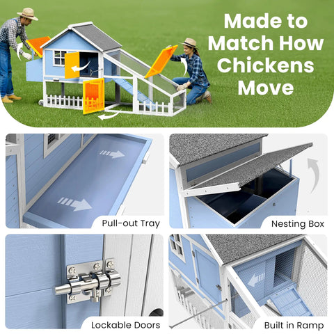 Collage of weatherproof wooden chicken coop with indoor outdoor walk in hen house, run, nesting box and pull out tray.